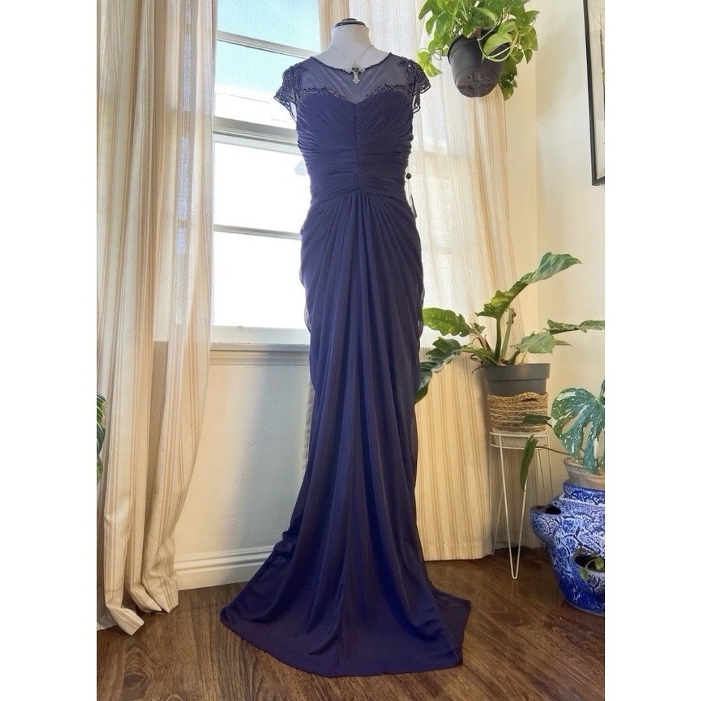 NWT Adrianna Papell Purple Ruched Evening Gown Vampy 1920s Elegant Beaded 14fp